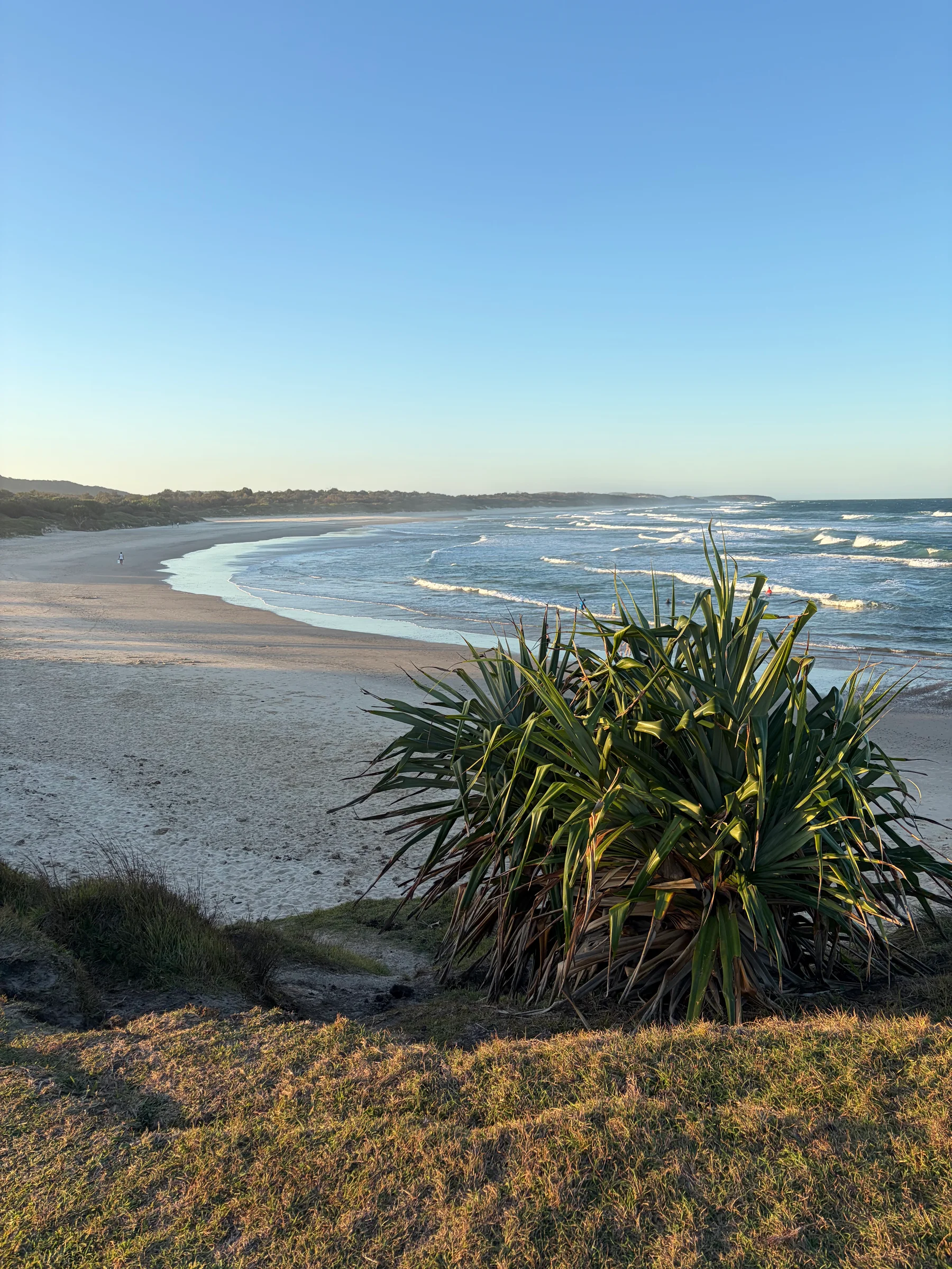 Wide view of Red Cliff beach at golden sunset, New South Wales coast