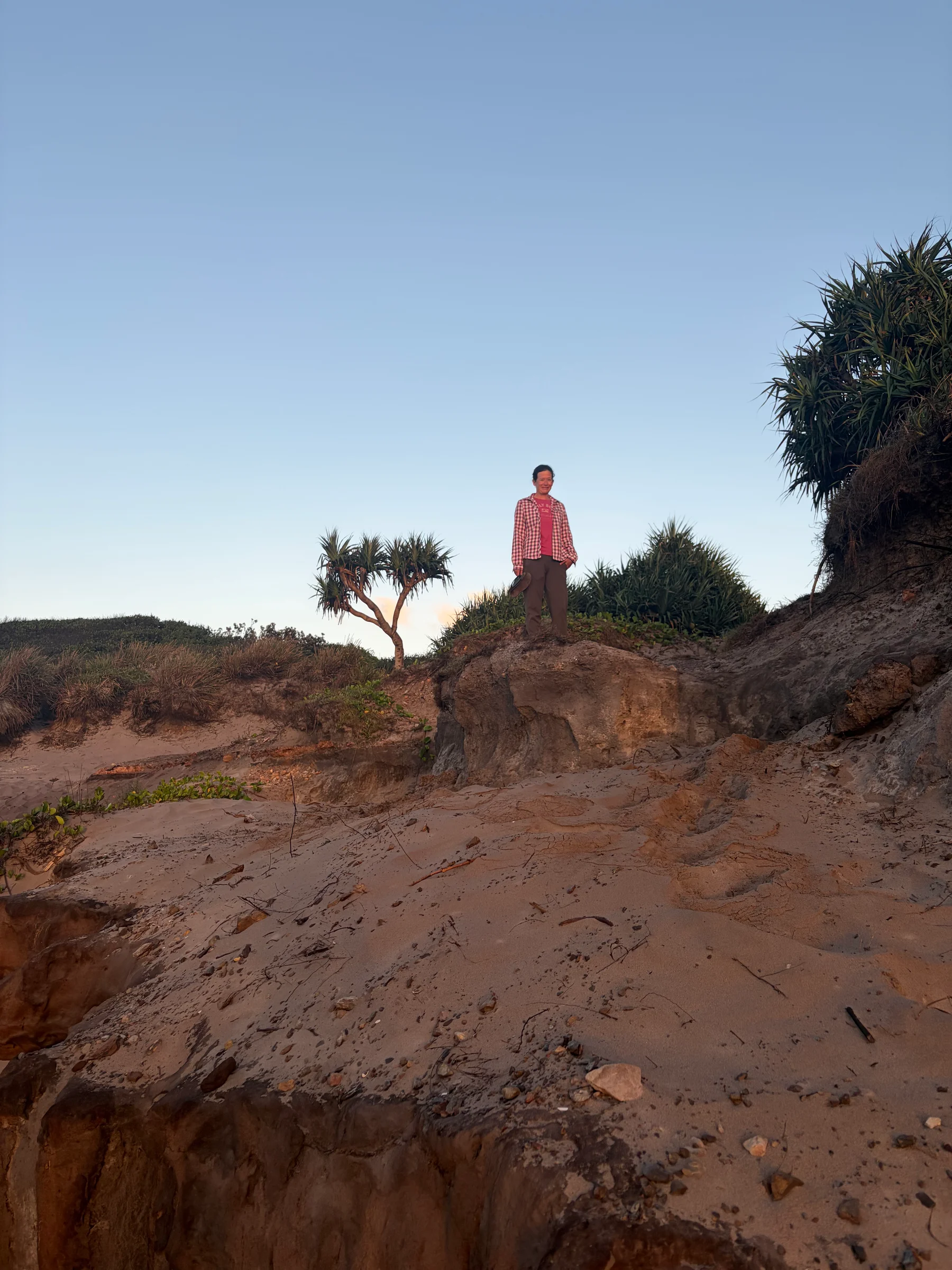 A person standing on a dark red volcanic headland at sunrise, Black Rocks, Bundjalung National Park