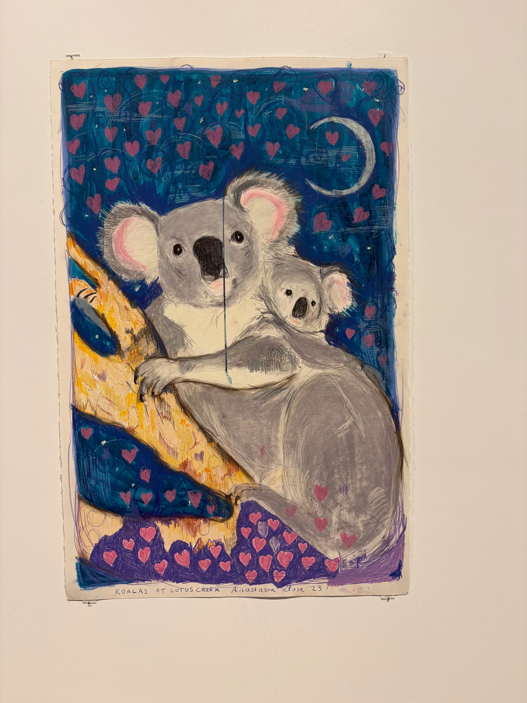 A painting of a koala in loose, expressive brushwork on a blue patterned background.